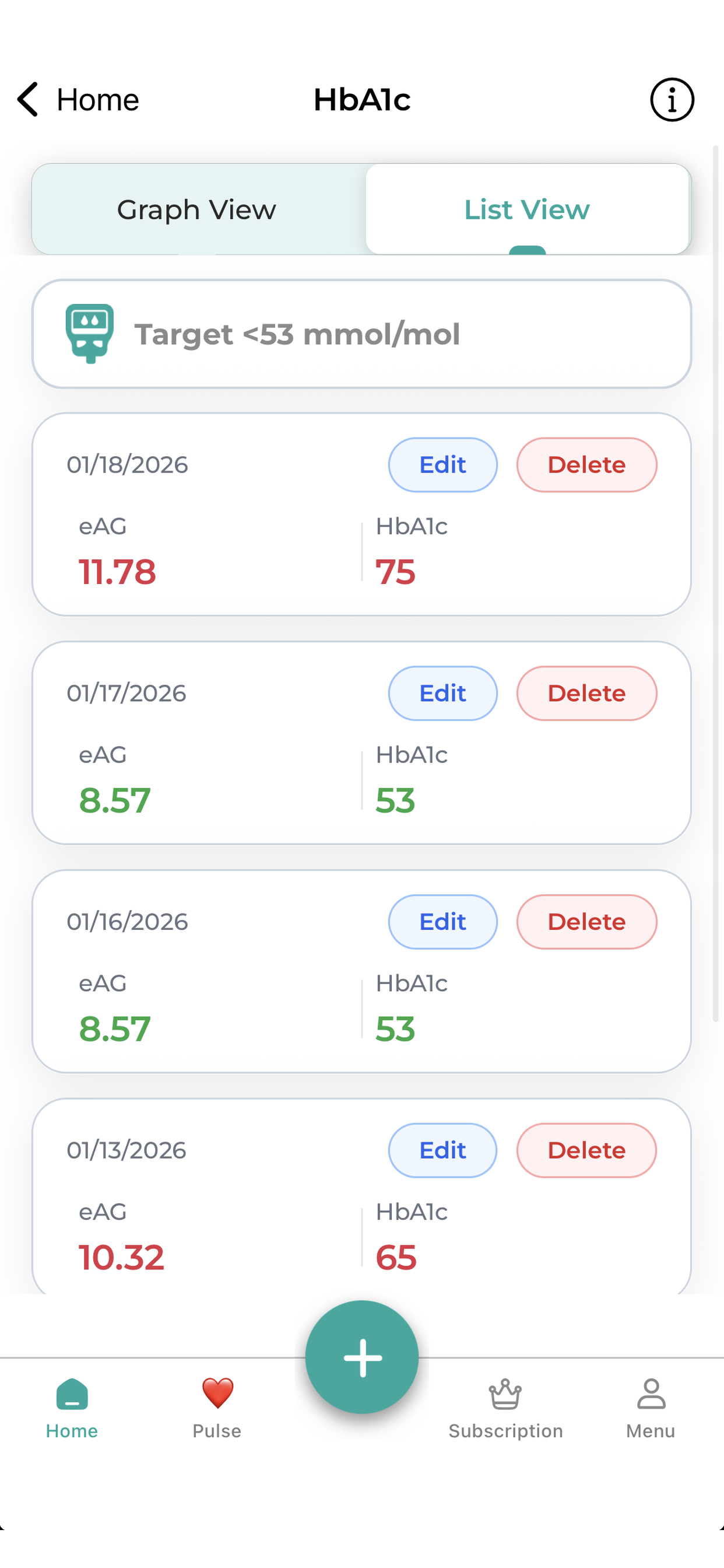 HbA1c list 1242x2688 Screenshot 2026 01 18 at 21.22 in the DiabetesConnect app