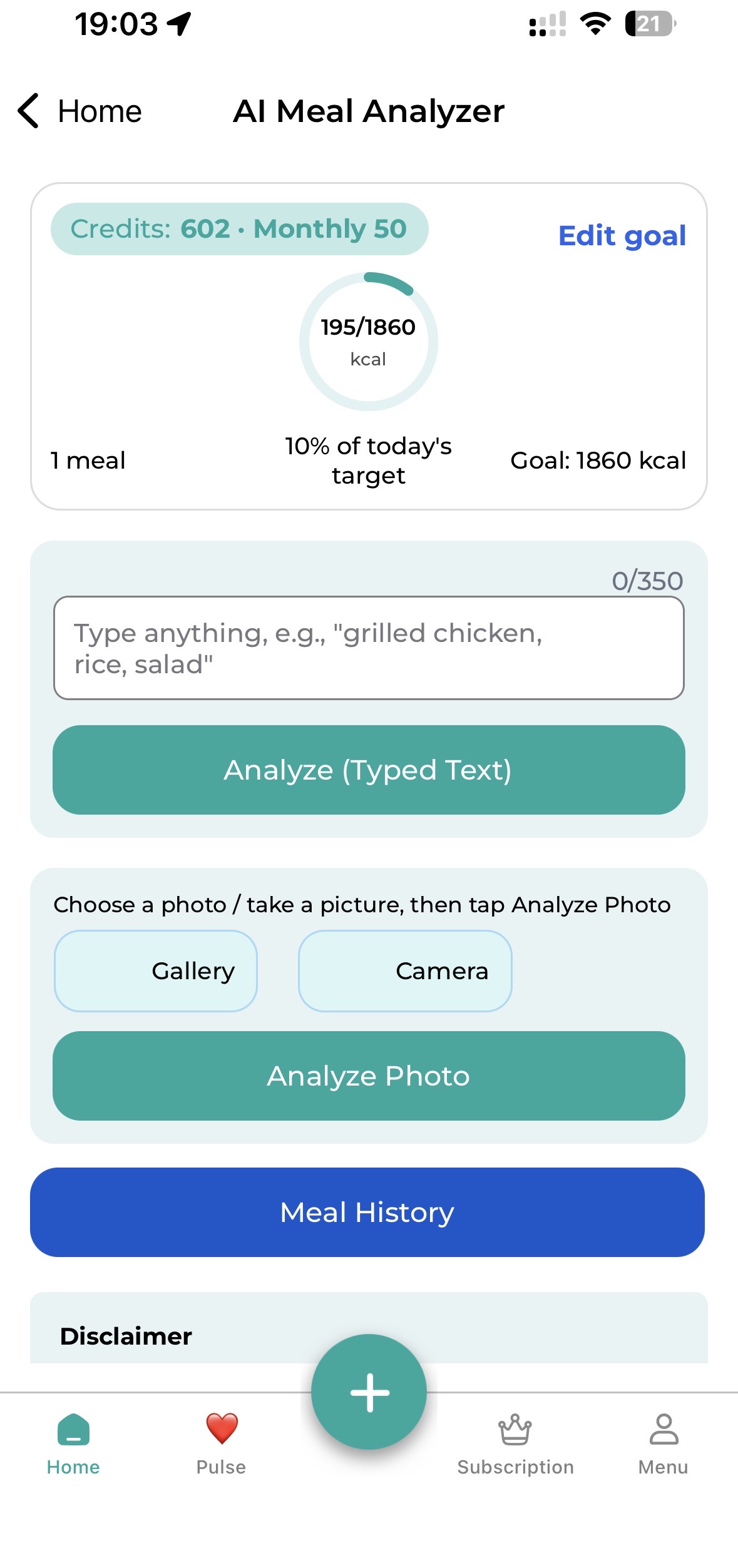 Meal Analyzer screen in the DiabetesConnect app